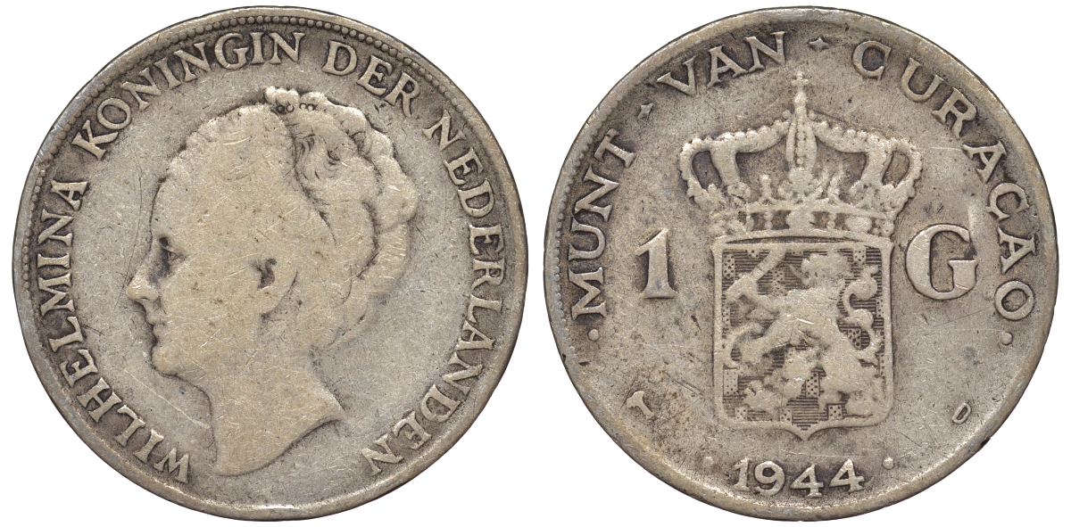 Нидерландское Кюрасао 1 гульден 1944 D, Вильгельмина (1890-1948) KM 45 серебро 36-517