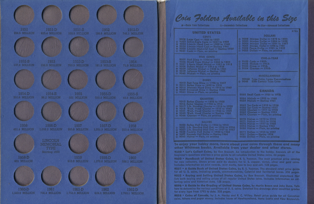 Альбом Whitman картонный альбом для одноцентовых монет США с 1941 года, номер два Lincoln cent, Collection starting 1941 number two бу 00-00