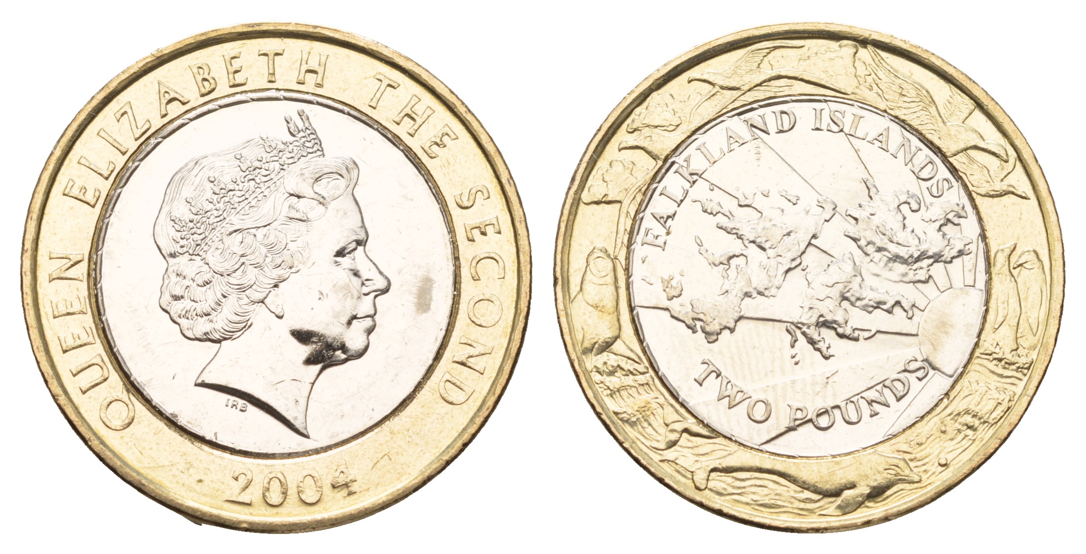 Фолклендские острова 2 фунта 2004 30 лет монетам Фолклендов, карта KM 137 биметалл  UNC  M72-02