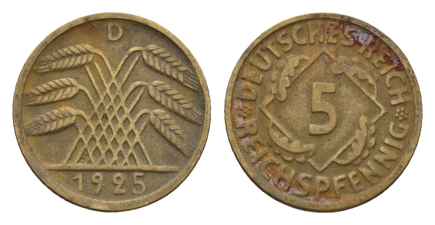 Германия 5 рейхспфеннигов 1925 D KM 39, J. 316 алюминиевая бронза 4651-718