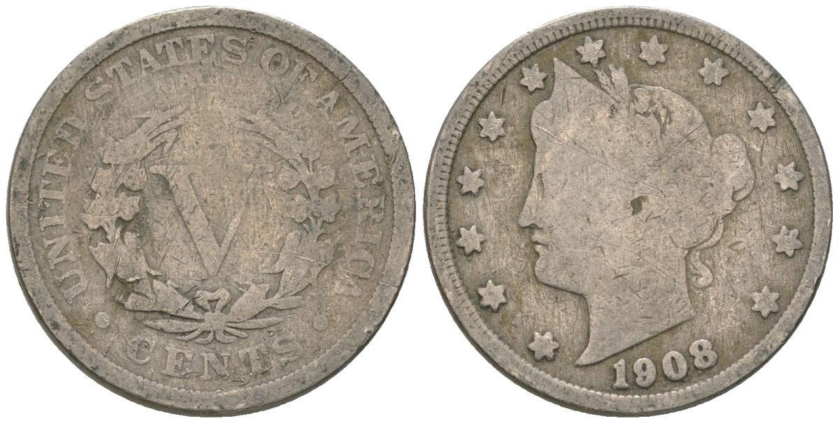 США 5 центов 1908 голова свободы KM 112 медно-никель 3336-225