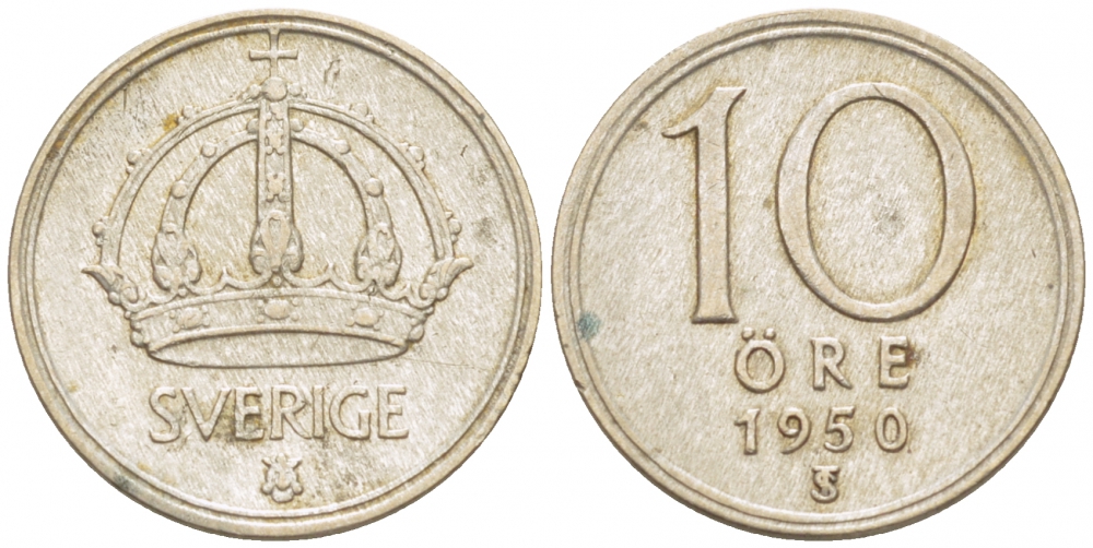 Швеция 10 эре 1950 TS, Густав V (1907-1950) KM 813 серебро 112-1135