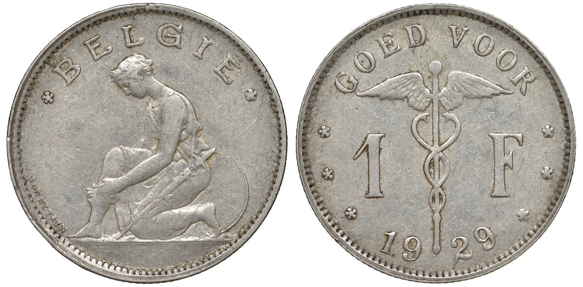 Бельгия 1 франк 1929 Belgie KM 90 никель 51-1747