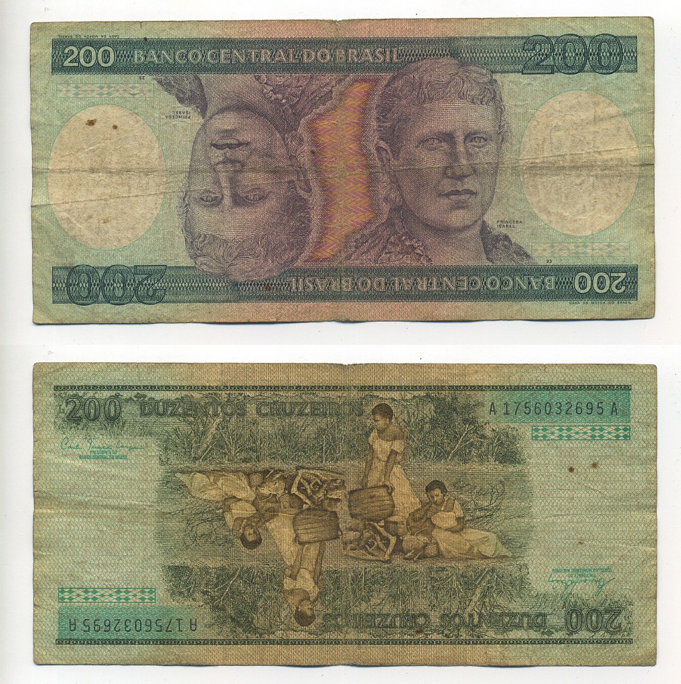 БРАЗИЛИЯ 200 КРУЗЕЙРО 1981 ПОДПИСЬ 20, СЕРИЯ А 1756, ПРИНЦЕССА ИЗАБЕЛА Pick 199a бумага 6289-28-2-2