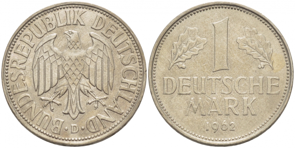 ФРГ 1 МАРКА 1962 D KM 110, J. 385 медно-никель 3996-945