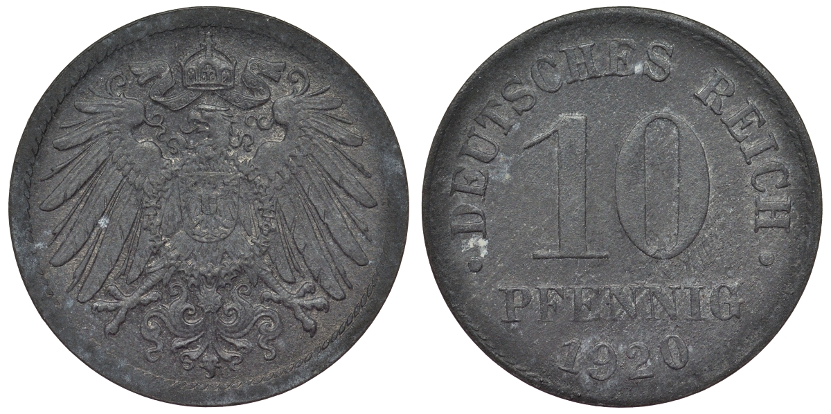 Германия 10 пфеннигов 1920 KM 26, J. 299, Weege 8 цинк 4119-327