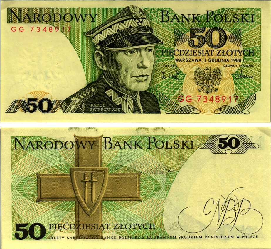 Польша 50 злотых 1988 Кароль Сверчевский, знак Грюнвальдского ордена Pick 142 c бумага аUNC 8607-72-1-1