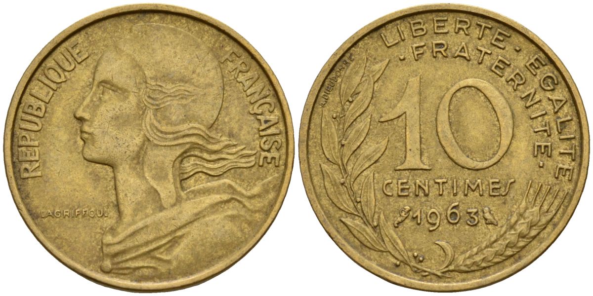 Франция 10 сантимов 1963 тип Marianne KM 929, Le Franc 144.3 медь алюминий никель 4115-539