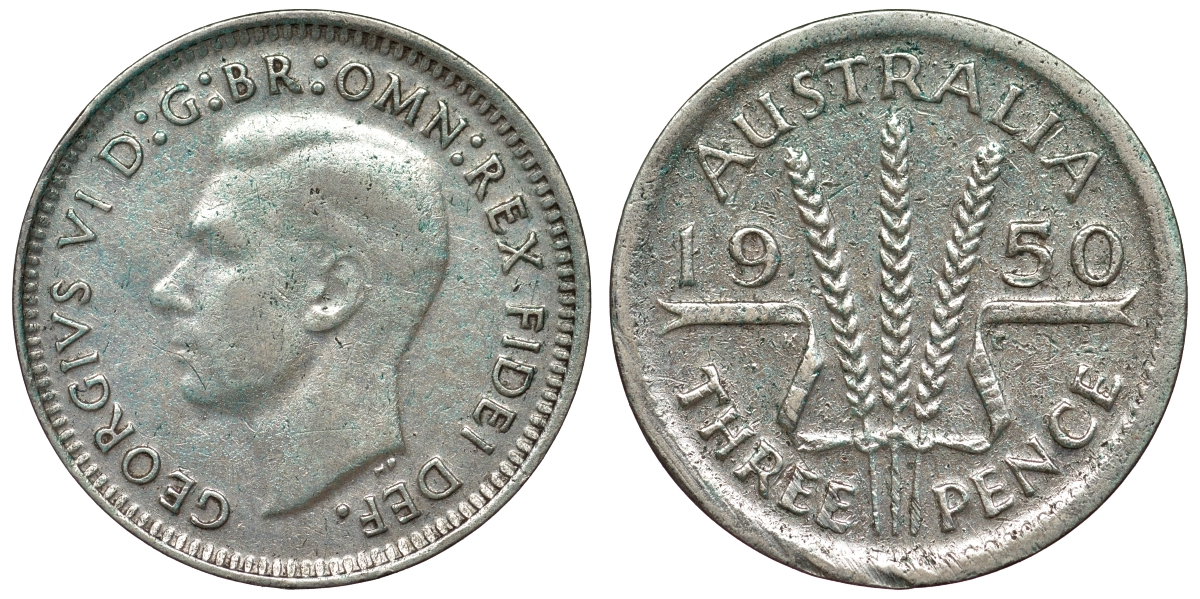 Австралия 3 пенса 1950 m, Георг VI (1937-1952), без букв KM 44 серебро 71-246