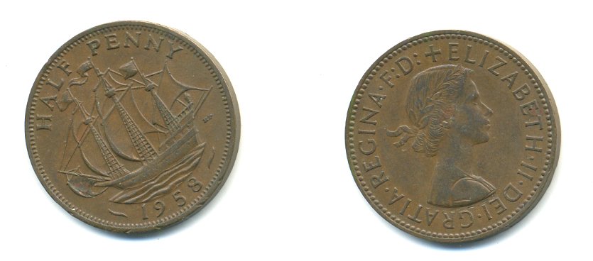 Великобритания 1/2 пенни 1958 Елизавета II (1952-2022) KM 896, Spink 4158 бронза 59-1112