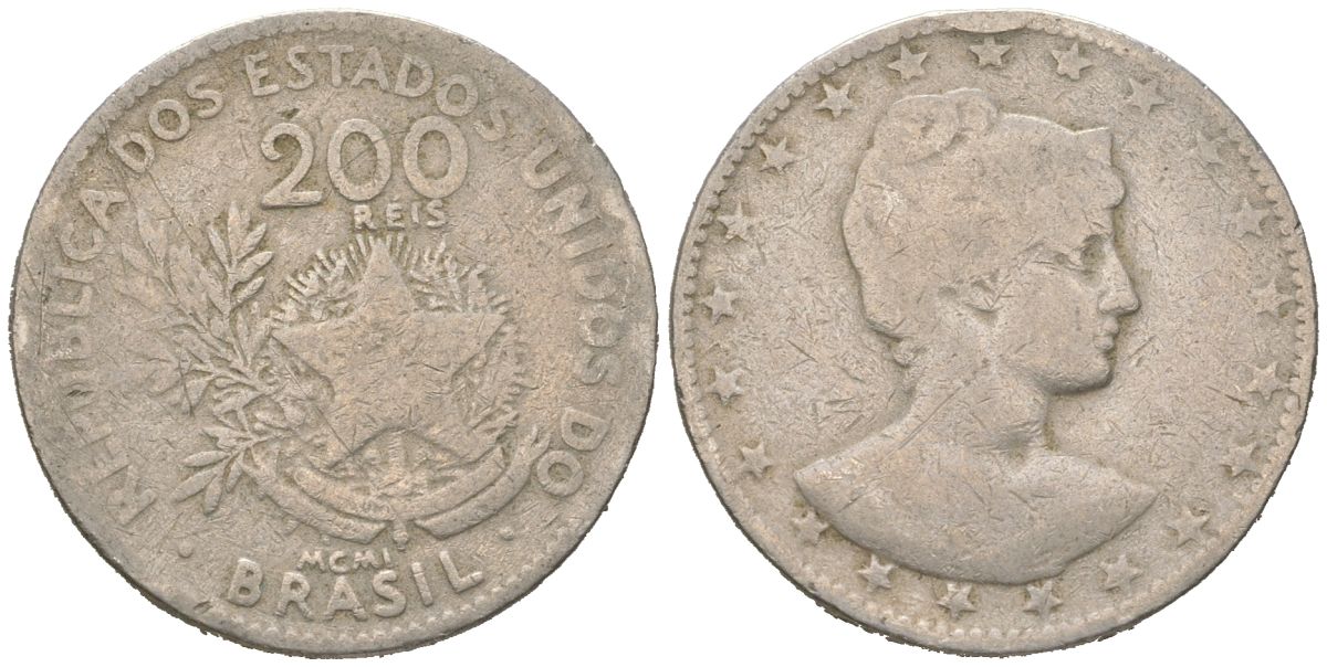 Бразилия 200 реалов 1901 MCMI, голова свободы вправо KM 504 медно-никель 4612-135