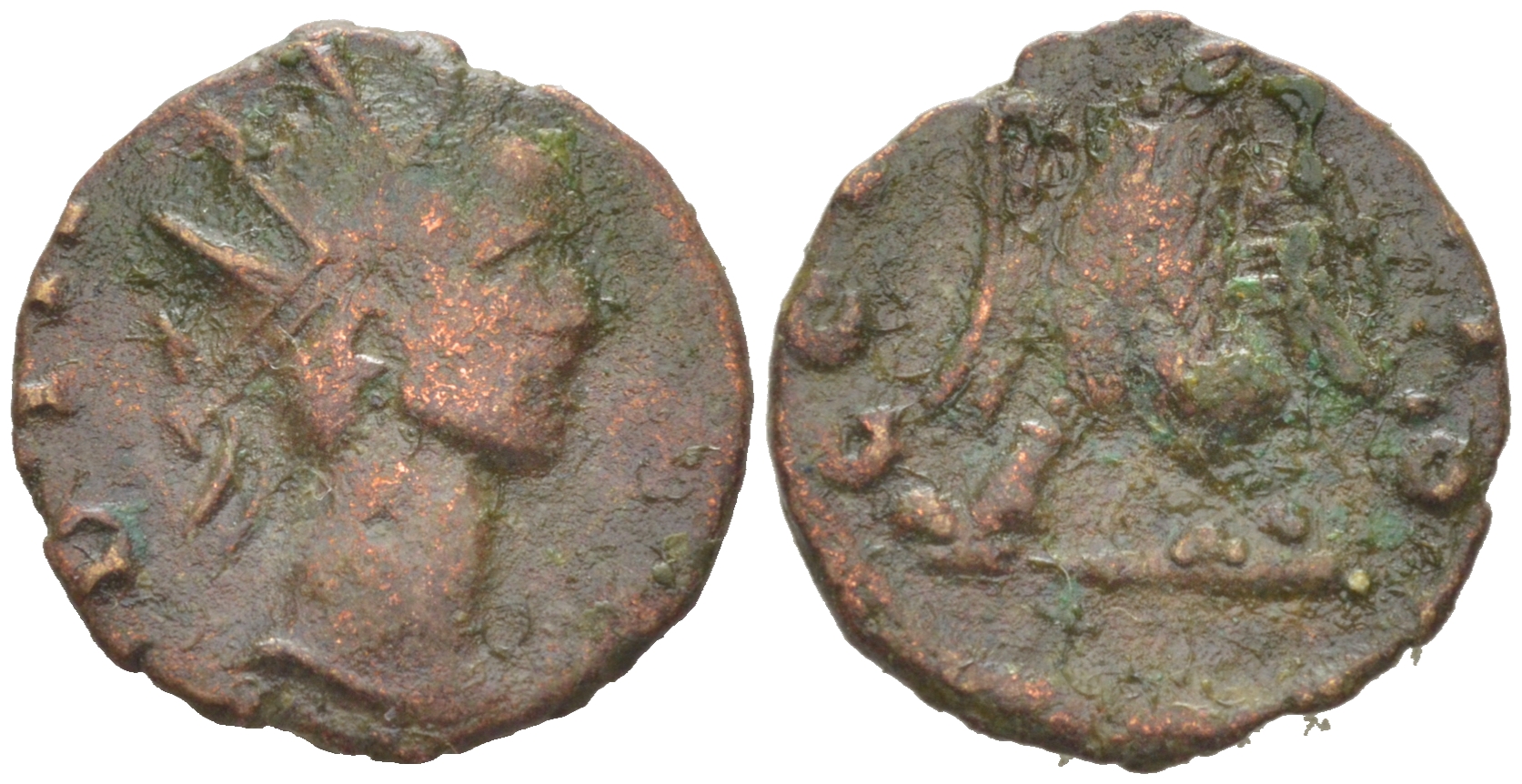 Римская Империя, императоры в Галлии антониниан 274 Тетрик II, посмертная чеканка PIVS TETRICVS CAES, бюст цезаря / CONSECRATIO, орел, Августа Треверов RIC 227 биллон 1073-24-84