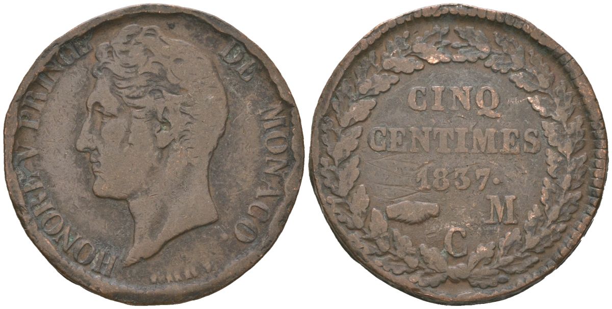 Монако 5 сантимов 1837 MC, Оноре V (1819-1841) KM 95.1 латунь 110-943