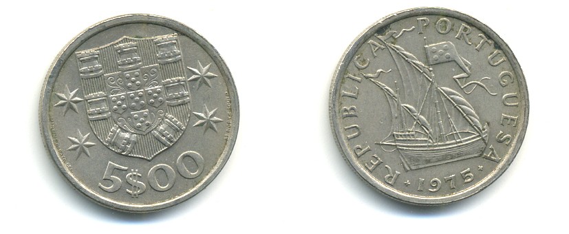 ПОРТУГАЛИЯ 5 ЭСКУДО 1975 ПАРУСНИК KM 591 медно-никель 176-224