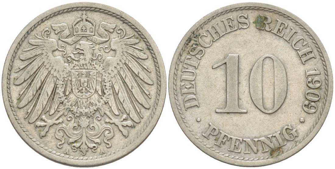 Германия 10 пфеннигов 1909 A KM 12, Jager 13, Weege 8 медно-никель 219-146