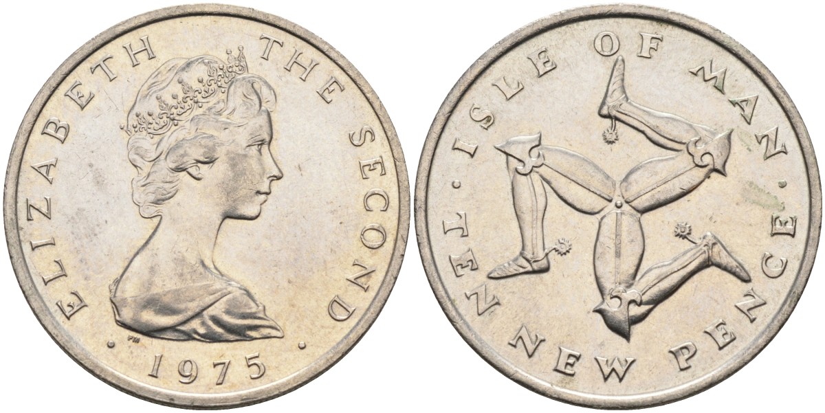Остров Мэн 10 пенсов 1975 герб, Елизавета II (1952-2022) KM 23 медно-никель aUNC 4583-225