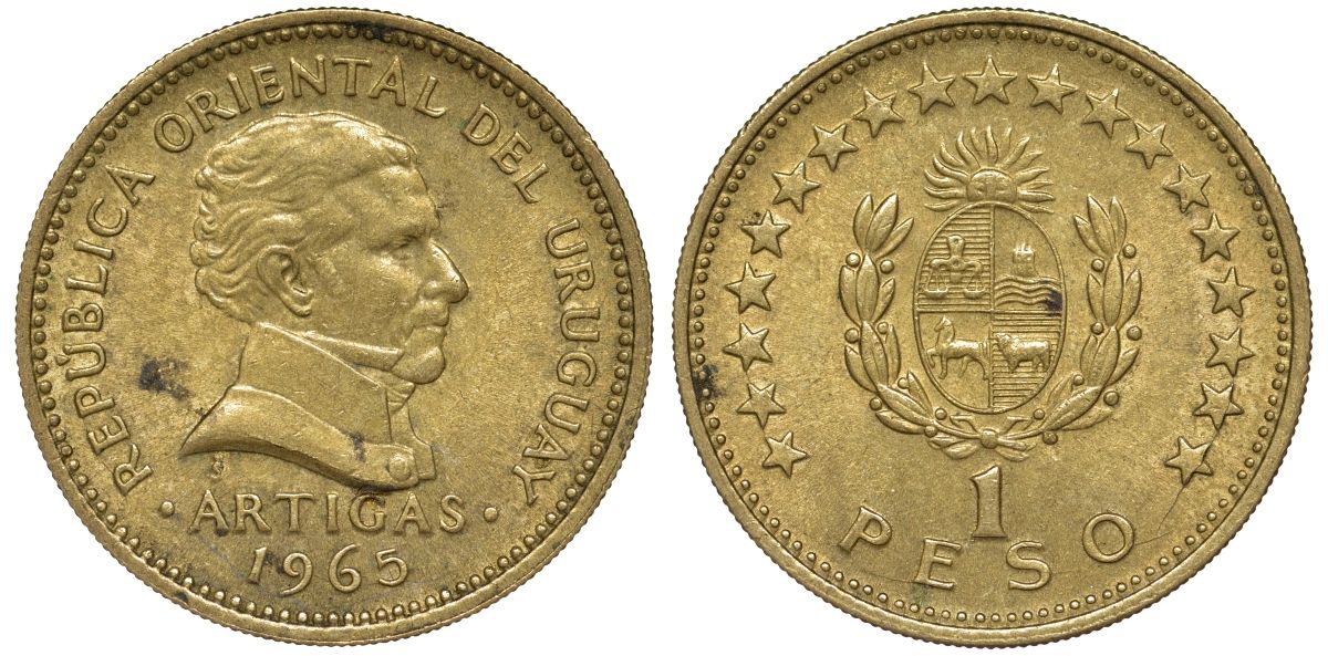 Уругвай 1 песо 1965 KM 46 алюминиевая бронза 106-1214