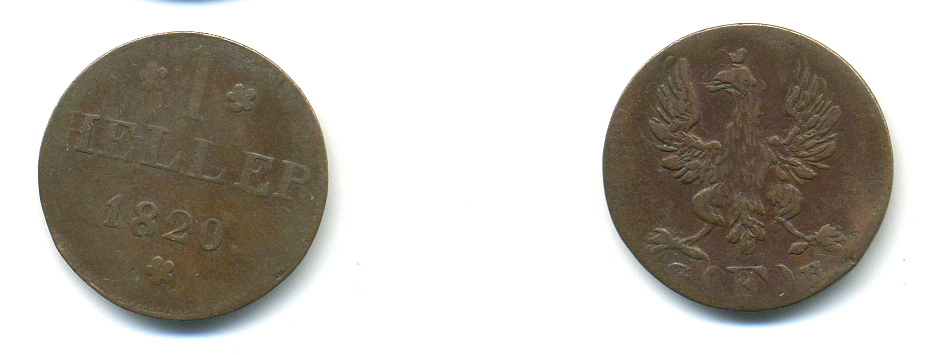 Франкфурт 1 геллер 1820 GB AKS 30, Jaeger 10, KM 301 медь 46-352