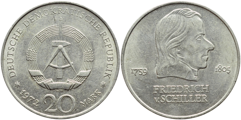 ГДР 20 марок 1972 А, Фридрих Шиллер (1759-1805) KM 40 медно-никель 4394-332