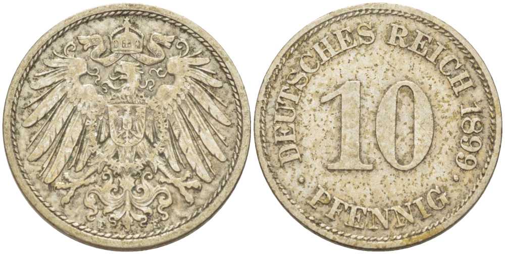 ГЕРМАНИЯ 10 ПФЕННИГОВ 1899 E KM 12, J. 13, Weege 8 медно-никель 261-1335