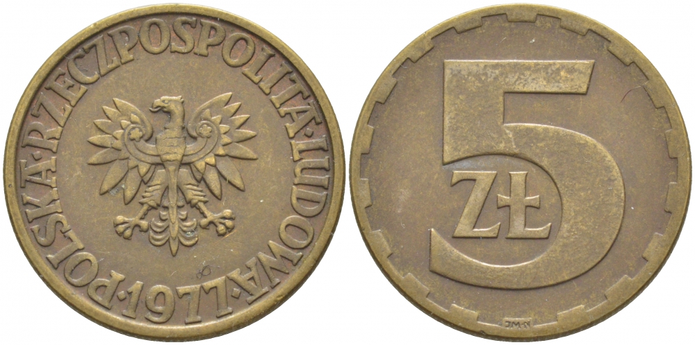 Польша 5 злотых 1977 монетный двор Ленинград (ЛМД) KM 81.1, Parchimowicz 221c латунь 3856-526