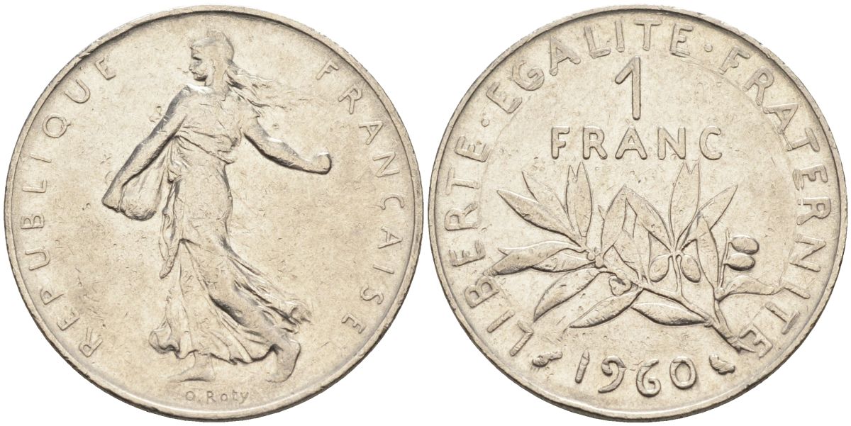 Франция 1 франк 1960 сеятель, тип Semeuse KM 925, Le Franc 226.5 никель 4592-1055