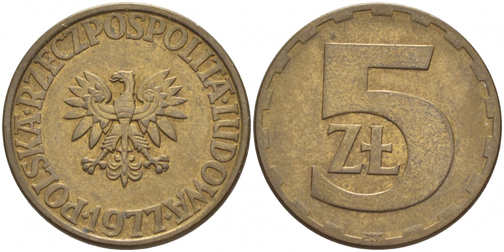 Польша 5 злотых 1977 монетный двор Ленинград (ЛМД) KM 81.1, Parchimowicz 221c латунь 4548-644
