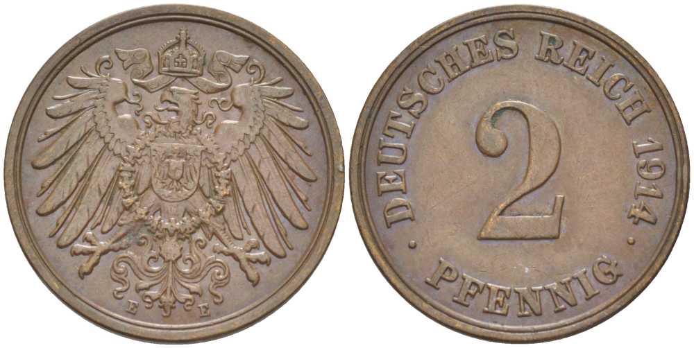 ГЕРМАНИЯ 2 ПФЕННИГА 1914 E KM 16, J. 11, Weege 4 медь 206-647