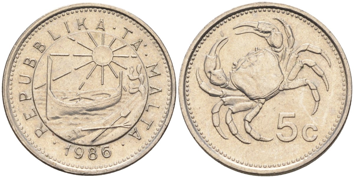 Мальта 5 центов 1986 краб KM 77 медно-никель 4396-626