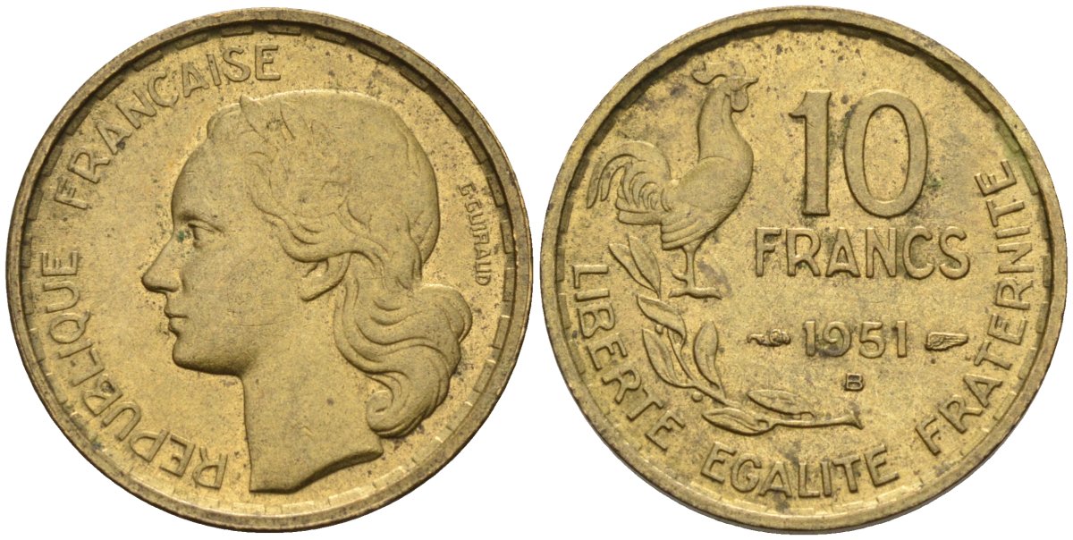Франция 10 франков 1951 B, петух KM 915.2, Le Franc 363.5 алюминиевая бронза 188-531