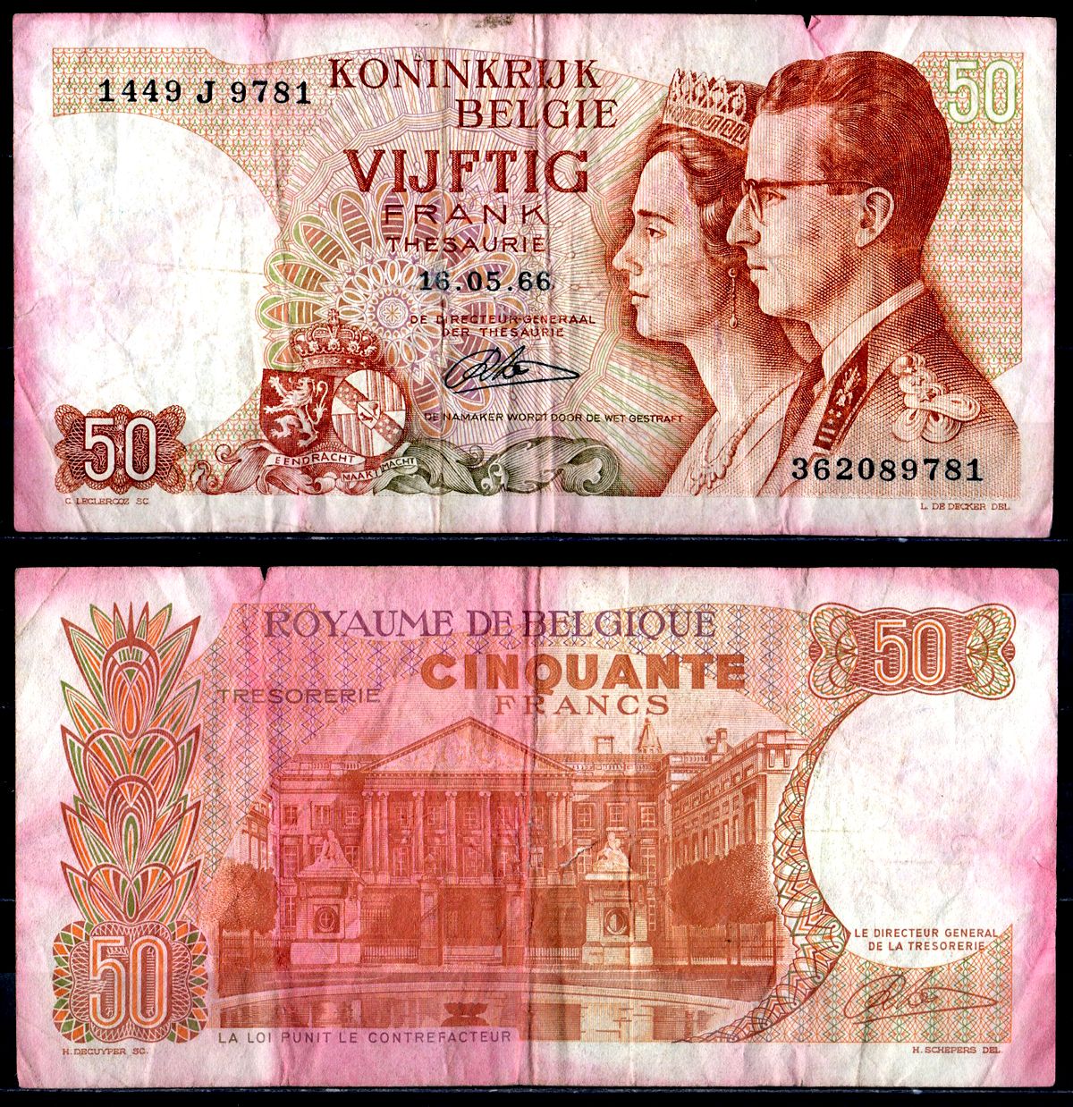 Бельгия 50 франков 1966 Pick 139(4) бумага 6266-48-3-2