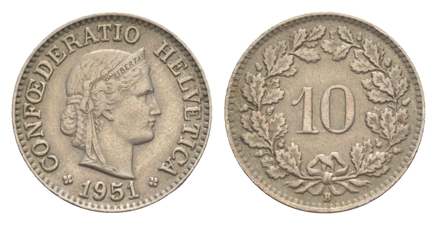 Швейцария 10 раппенов 1951 B KM 27 медно-никель 4532-1236