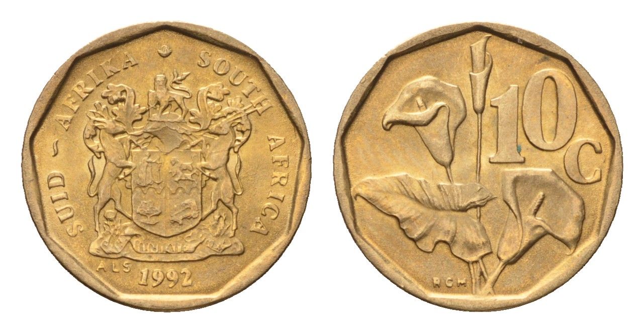 ЮАР 10 центов 1992 герб, цветок алоэ KM 135 сталь плакированная бронзой UNC 4694-651