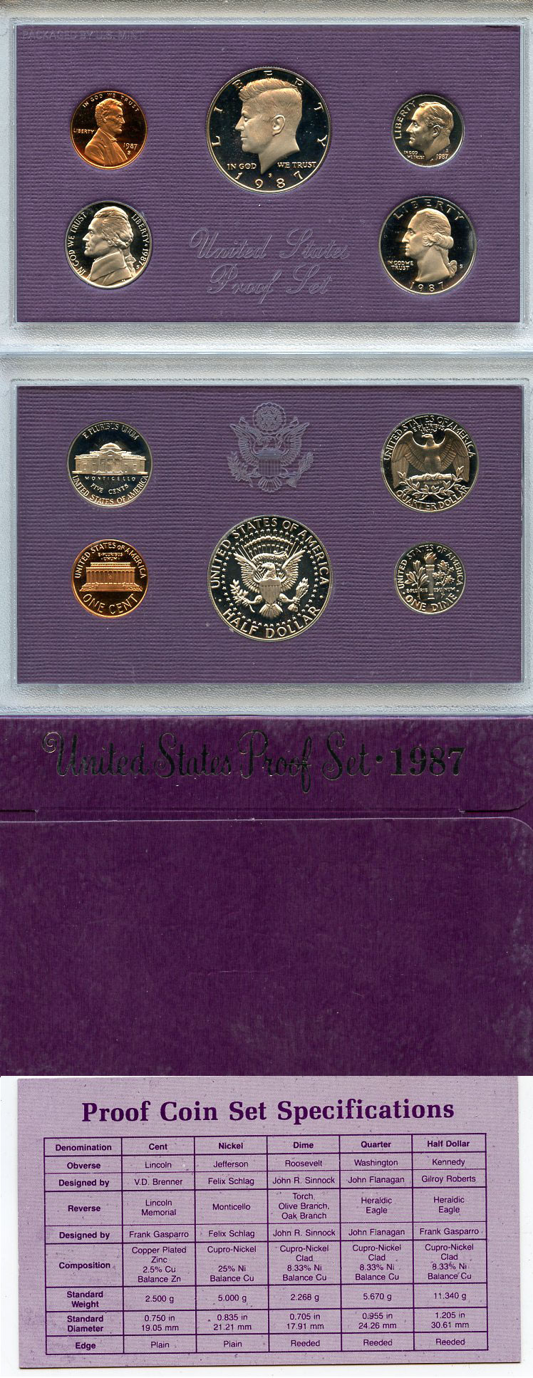 США официальный набор из 5 монет, в пластике 1987 S, Джон Кеннеди, в твердом пластике KM PS 157   PROOF  8-2-03-08