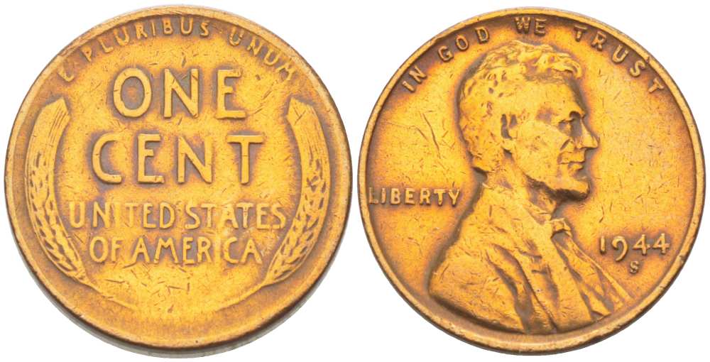 США 1 ЦЕНТ 1944 S, ЛИНКОЛЬН KM А132 медь цинк 3309-468