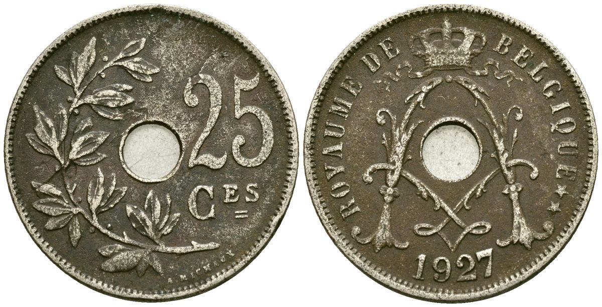 Бельгия 25 сантимов 1927 Belgique KM 68 медно-никель 4165-541