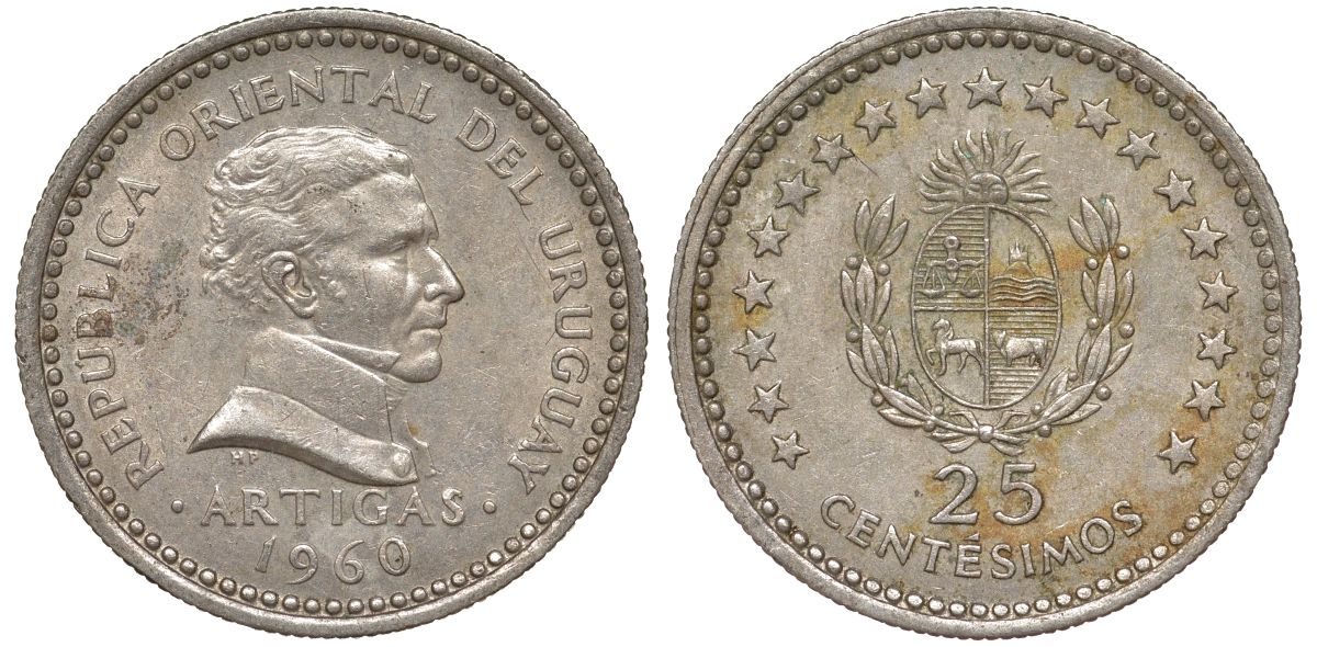 Уругвай 25 сентесимо 1960 KM 40 медно-никель 4532-124