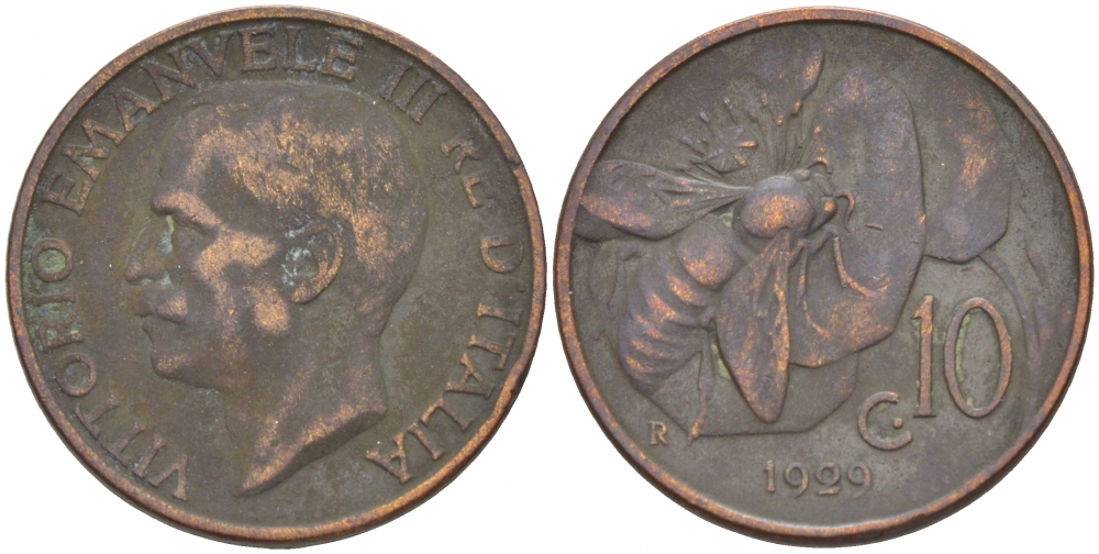 ИТАЛИЯ 10 ЧЕНТЕЗИМО 1929 R, ВИКТОРИО ИМАНУИЛ, ПЧЕЛА KM 60 медь 4544-1112