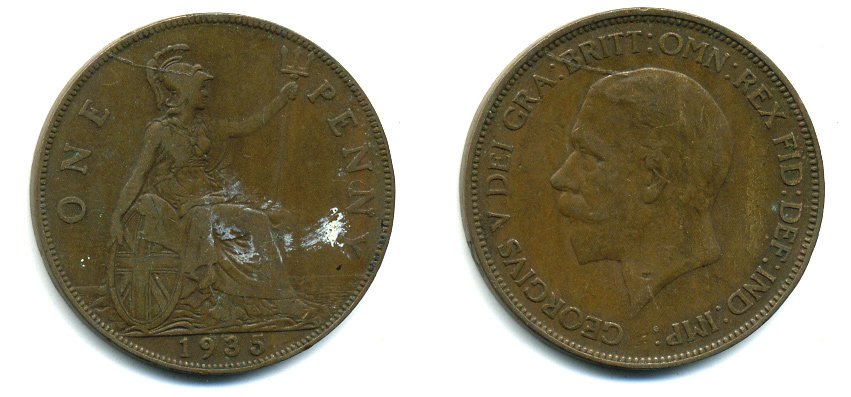 Великобритания 1 пенни 1935 Георг V (1910-1936) КМ 838, Spink 4055 бронза 41-1231