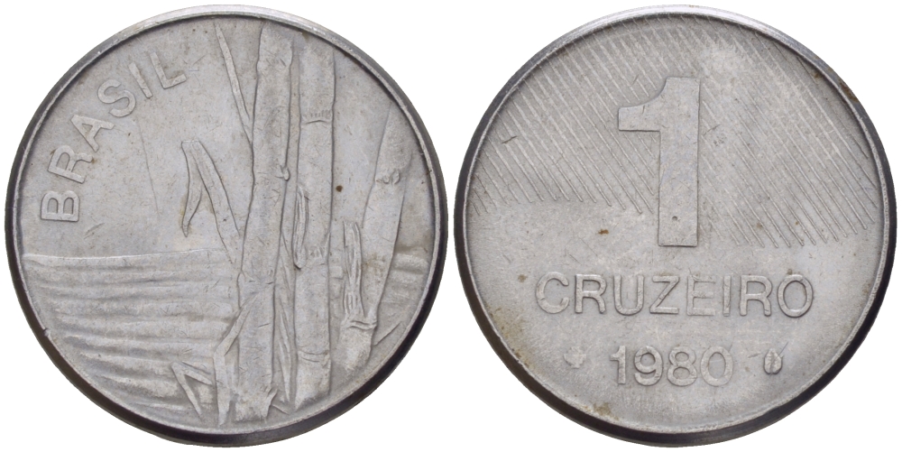 Бразилия 1 крузейро 1980 сахарный тростник KM 590 нержавеющая сталь 66-367