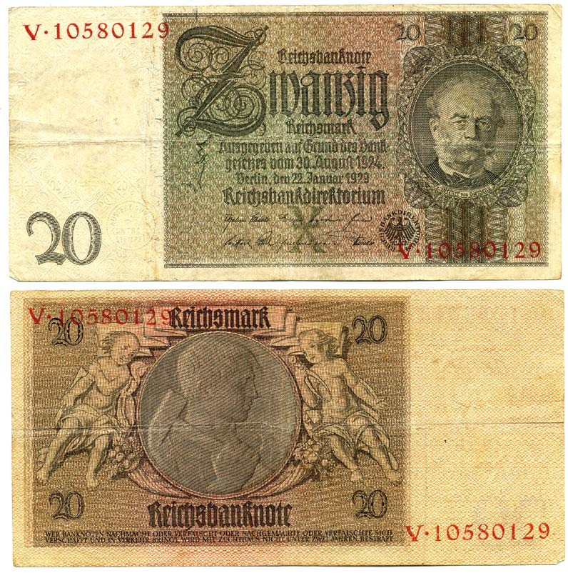 Германия 20 рейхсмарок 1929 Вернер фон Сименс, буква X, серия V Pick 181 a, Ros. 174 a  бумага   7203-4-2-1