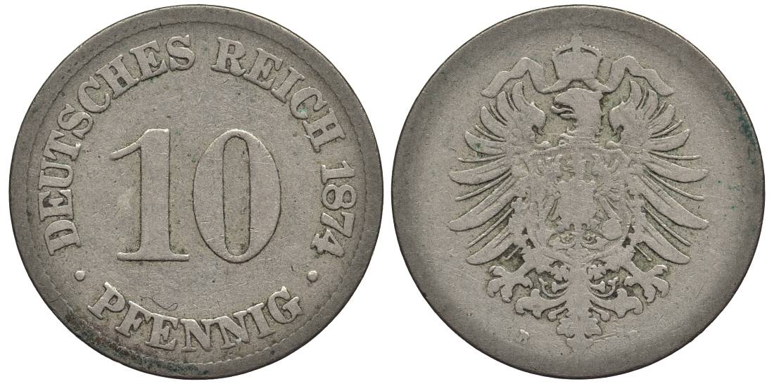 ГЕРМАНИЯ 10 ПФЕННИГОВ 1874 B, СТАРОГЕРБОВКА KM 4, Jager 4, Weege 7 медно-никель 4546-1112