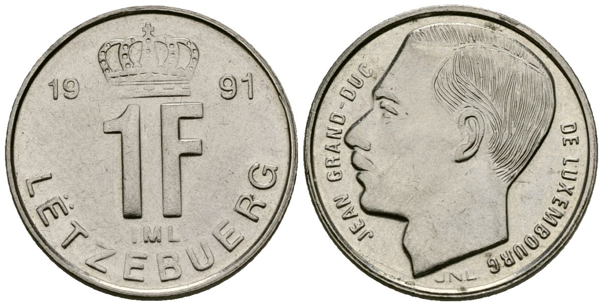 Люксембург 1 франк 1991 Великий герцог Жан KM 63 никель сталь 4182-1032