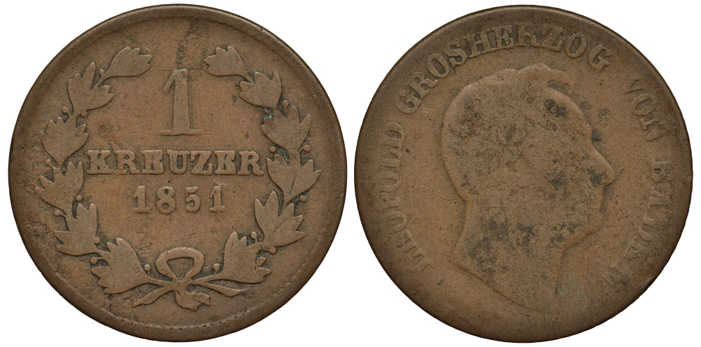 Баден 1 крейцер 1851 Леопольд I (1830-1852) KM 218.2 медь 413-5314
