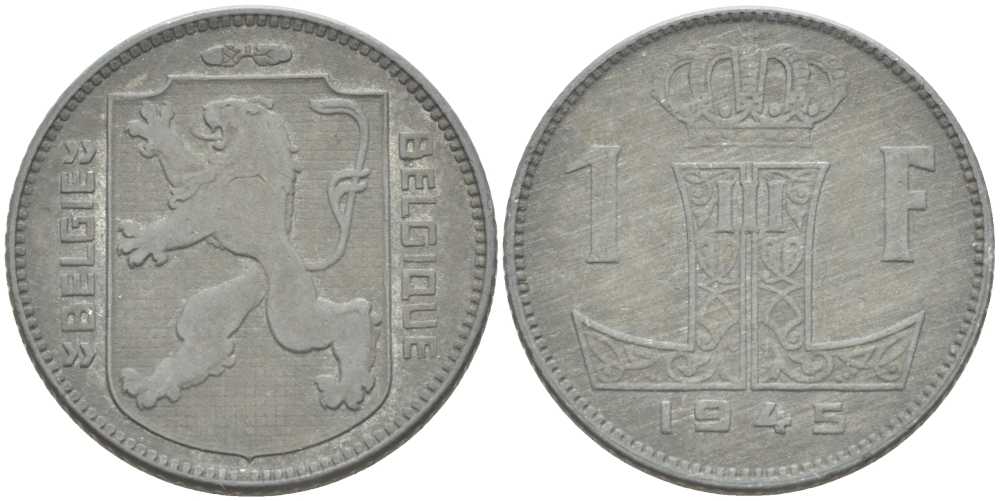 БЕЛЬГИЯ 1 ФРАНК 1945 BELGIE-BELGIQUE, ЛЕОПОЛЬД II (1934-1950), ГЕРМАНСКАЯ ОККУПАЦИЯ, ВТОРАЯ МИРОВАЯ ВОЙНА KM 128 цинк 202-941