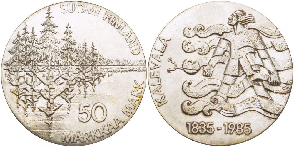 Финляндия 50 марок 1985 P-N, 150 лет национальному эпосу "Калевала" KM 62 серебро UNC 1515-1144
