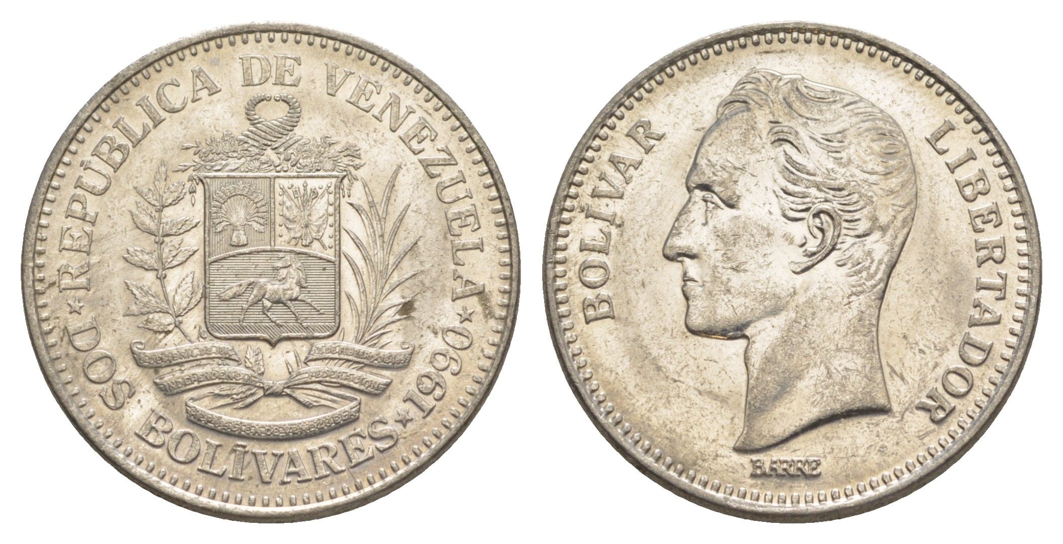 Венесуэла 2 боливара 1990 Симон Боливар Y 43a сталь плакированная никелем 4583-416