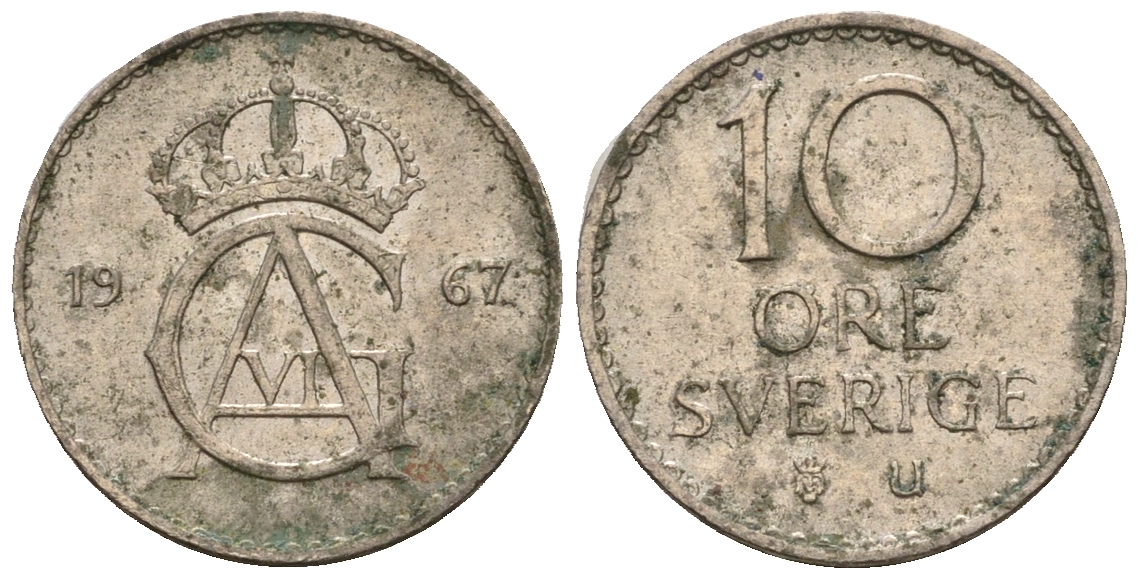 Швеция 10 эре 1967 U, Густав VI Адольф (1950-1973) KM 835 медно-никель 220-744