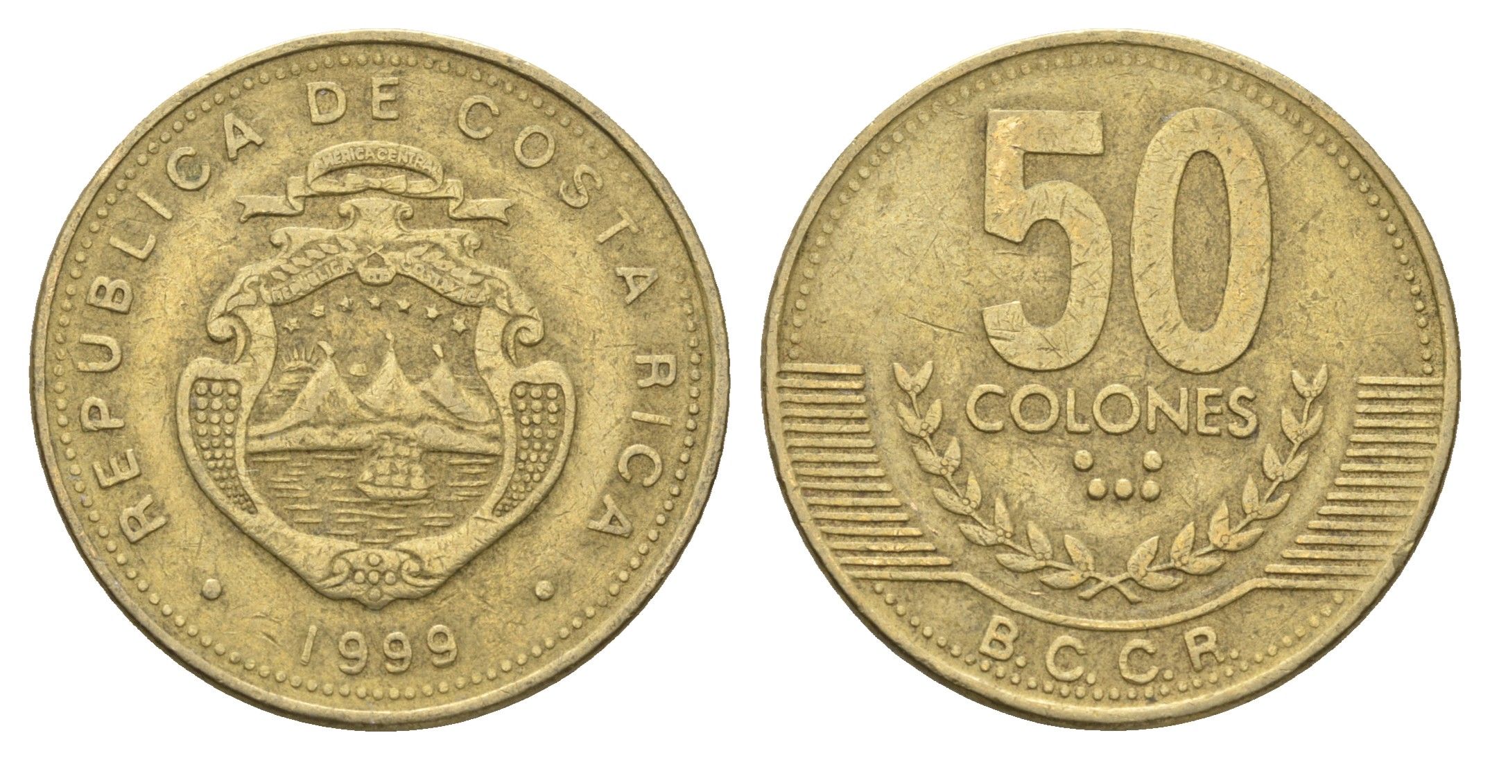 Коста-Рика 50 колонов 1999 год-тип KM 231.1 латунь 4663-1016