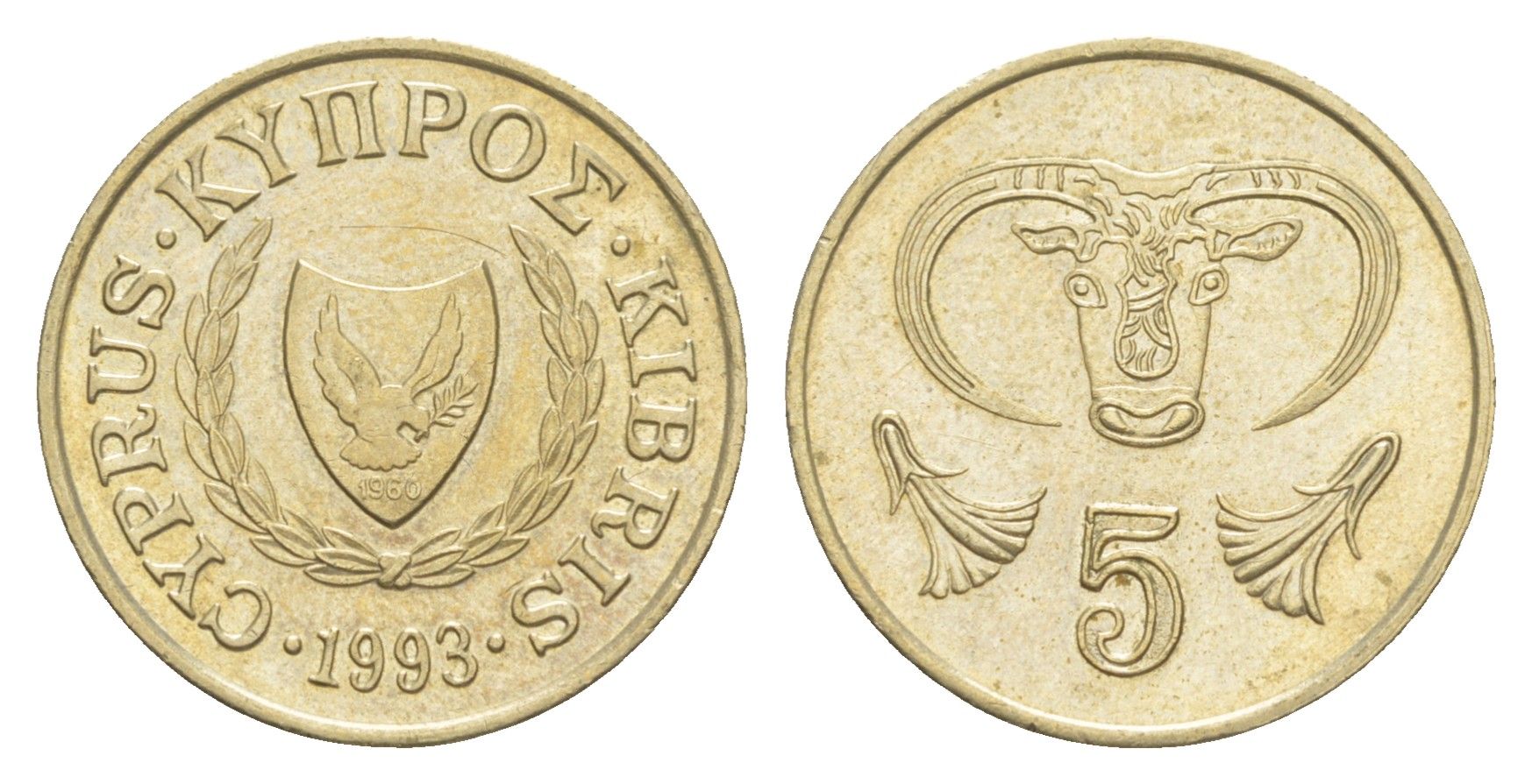 Кипр 5 центов 1993 голова быка KM 55.3 никель латунь aUNC 4649-1163